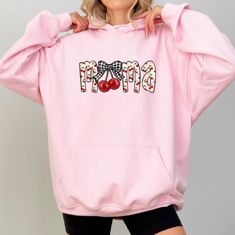 Cherry Bow Coquette Mama Hoodie, Coquette Cherry Mama Graphic Hoodies, Checkered Bow Cherries Mom Hoodie, Gift For Mom, Mother's Day Gifts