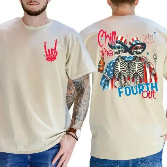 Chill The Fourth Out T Shirt, Funny Skeleton 4th of July Graphic Tee, Patriotic Party Shirt for Men Women, USA Independence Day Unisex T-Shirt
