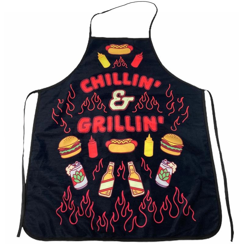 Chillin and Grillin Apron Funny Backyard Summer BBQ Kitchen Smock Funny Graphic Kitchenwear Funny Food Novelty Cookware Black