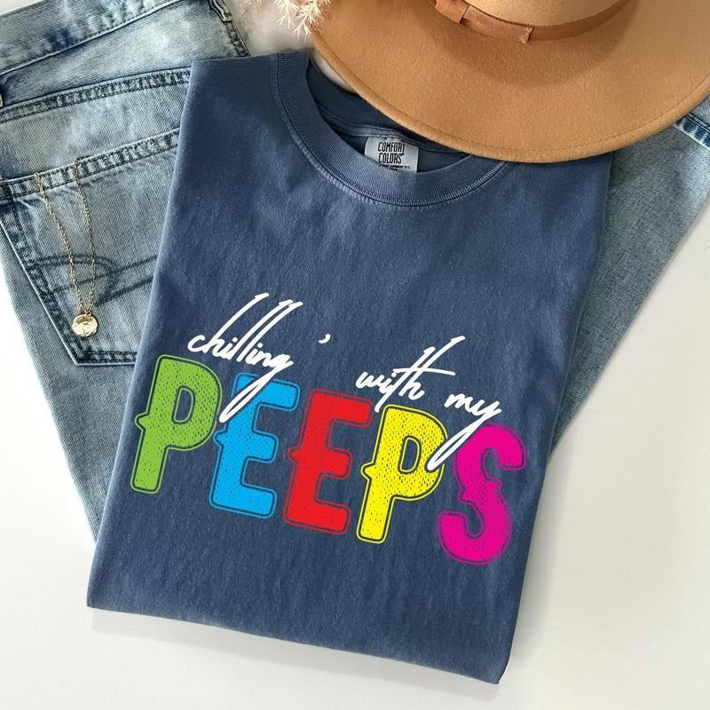 Chilling With My Peeps, Easter, Retro Candys Comfort Colors Tshirt, Women's Crew Neck, Crewneck