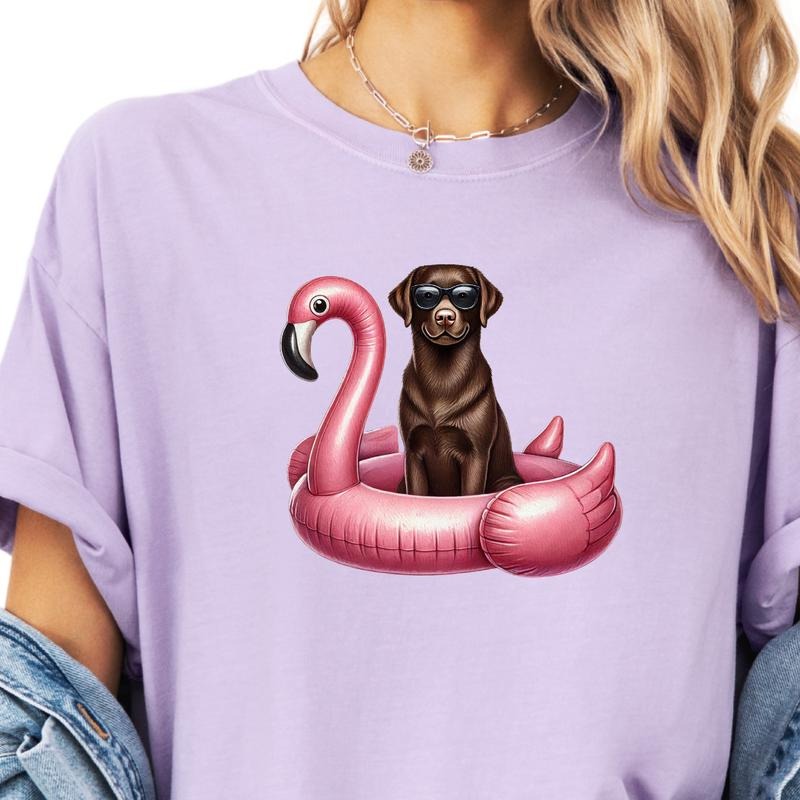 Chocolate Lab Flamingo Float Dog Shirt ~ Unisex Apparel Relaxed Fit Printed In The USA Clothing Womenswear Casual Comfort Cotton Top Athletic Boho Chic