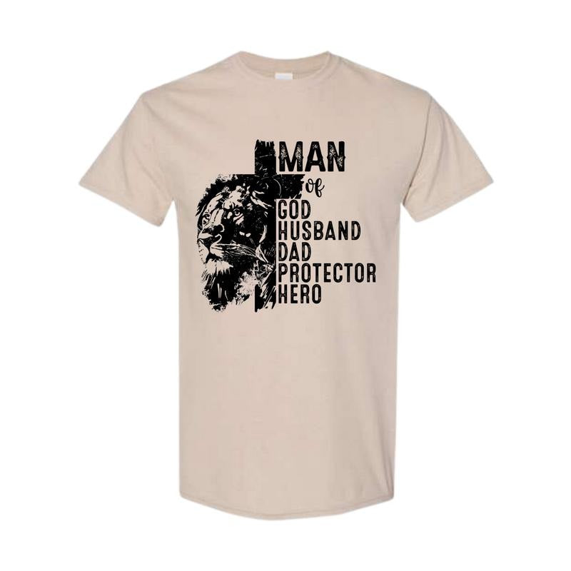 Christian Quotes Fathers Dafts, Man Of God Shirt, Retro Father's Day Gift, Protector Father Tee, Hero Dad Gift Shirt, Cotton Fabric Relaxed Fit Chic Style, Full Color, Full Size Classic Collar