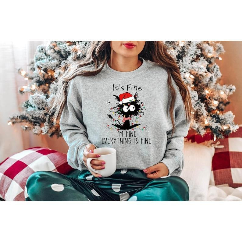 Christmas Black Cat Sweater, It's Fine I'm Fine Everything Is Fine Cat Sweater, Meowy Christmas Sweatshirt, Christmas Gift for Cat Lover, Hoodie and Sweater; T-shirt