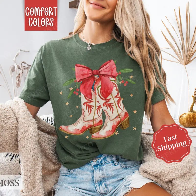 Christmas Boots Shirt Comfort Colors Holiday Tshirt, Country Christmas Tee, Women's Holiday Tee