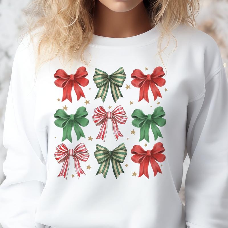 Christmas Bow Collage Sweatshirt Coquette Christmas Collage Pullover Red and Green Bow Hoodie Holiday Red and Green Bow Collage Sweatshirt Girly Christmas Sweatshirt