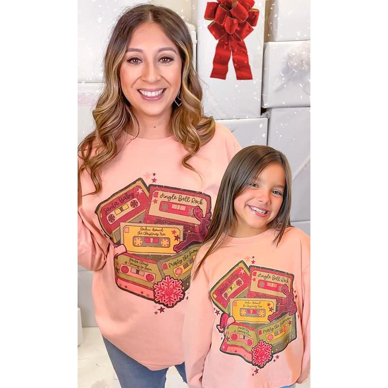 Christmas Cassettes Graphic Boyfriend Long Sleeve T-Shirt