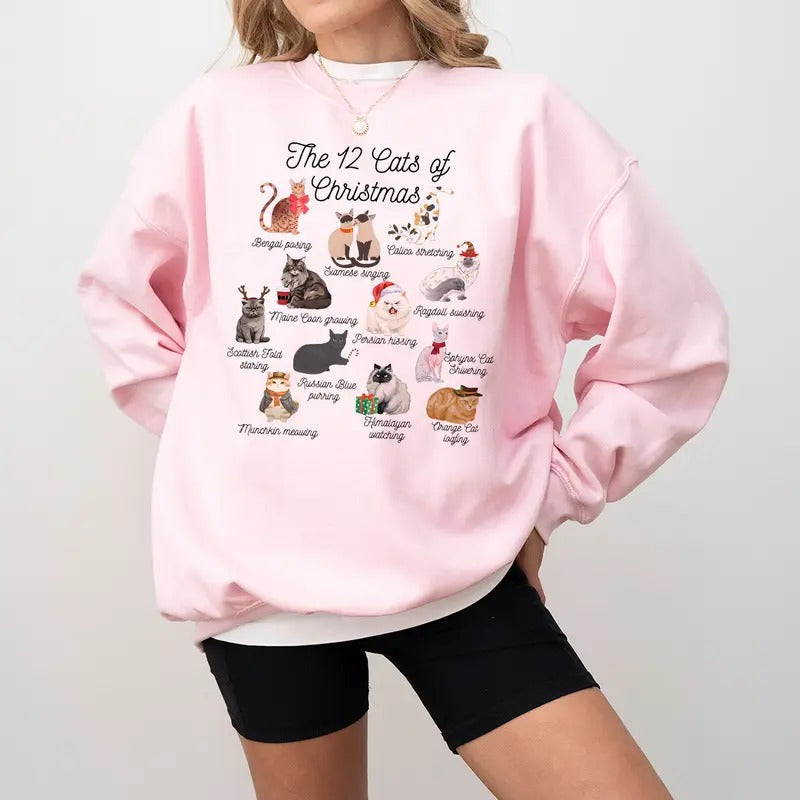 Christmas Cat Sweatshirt,12 Cats of Christmas,Meowy Christmas,Cat Sweater,Cat Lover Gift,Cozy Holiday Sweatshirt, Christmas Crewneck Womenswear Hoodie Tops Underwear Lady Comfort
