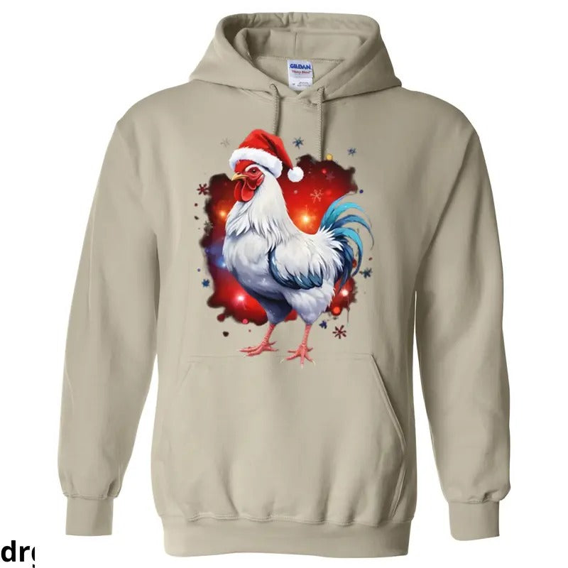 Christmas Chicken Hoodie, Funny Festive Sweatshirt with Santa Hat Rooster Design, Cozy and Stylish Holiday Apparel for Winter
