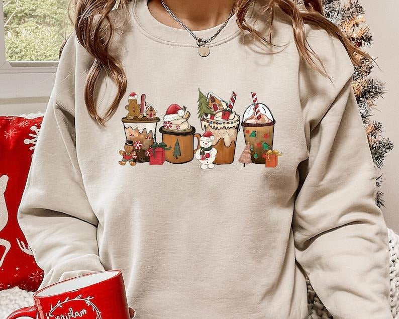 Christmas Coffee Crewneck Sweatshirt, Gingerbread Christmas Drinks Jumper, Colors Shirt, Coffee Lover Xmas Gift, Hoodie and Sweater; T-shirt