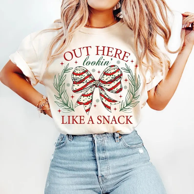 Christmas Coquette Bow Shirt, Out Here Lookin Like a Snack Sweatshirt, Christmas Cake , Holiday vibes, Retro Christmas