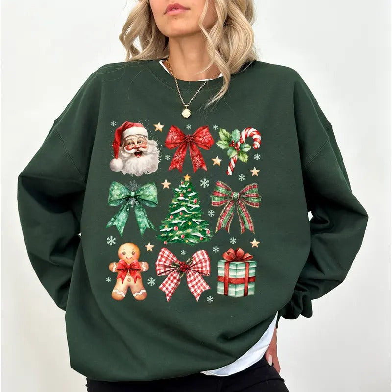 Christmas Coquette Bow Sweatshirt, Girly Christmas Crewneck for Women, Santa Claus Christmas Tree Gift Sweater, Vintage Holiday Tops, 2024 Christmas Gift, Xmas Sweatshirt, Comfy Long Sleeve Pullover, Women's Tops, Casual Womenswear, Soft Fabric Cotton Top
