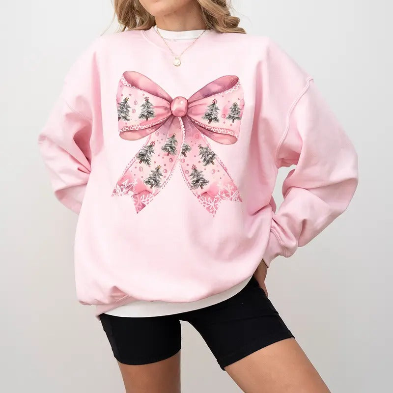 Christmas Coquette Sweatshirt, Girly Christmas Bow Hoodie, Pink Christmas, Retro Santa, Christmas Trees, Soft Girl Era Crewneck Shirt, Trendy Holiday Womenswear Pullover Long Sleeves Graphic Fabric Sweater