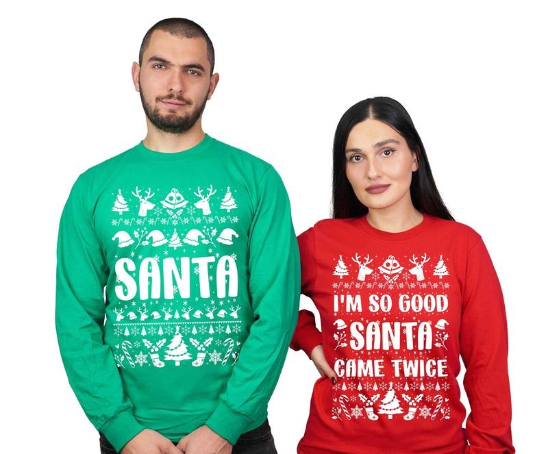 Christmas Couple Matching Sweatshirt, Funny Santa Shirt, Twice Husband Wife Ugly Sweater, Christmas Couple Gift, Long Sleeve Crewneck Shirt