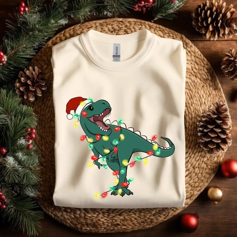 Christmas Dinosaur Light Sweatshirt, T-Rex Christmas Hoodie, Animal Christmas Light Outfit, Dinosaur Santa Hat Sweater, Funny Christmas Tee