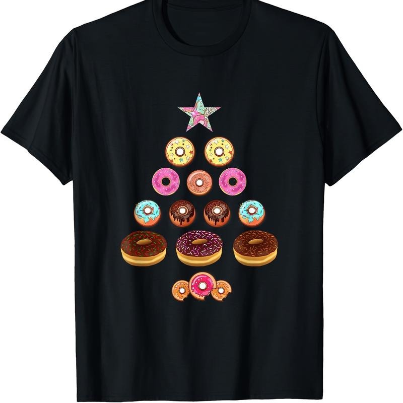 Christmas Donut Tree Graphic T-Shirt, 100% Cotton, Short Sleeve, Regular Fit, Knit Fabric, Cartoon Pattern, for Doughnut Lover Tee made in usa