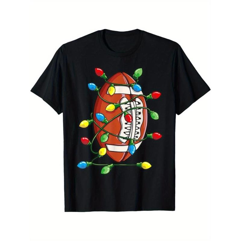 Christmas Football Ball Xmas Lights Funny Boys Men Sport T-Shirt, 100% Cotton, Gift for Men Women Dad Mom Friends, S-XXXL, Black made in usa