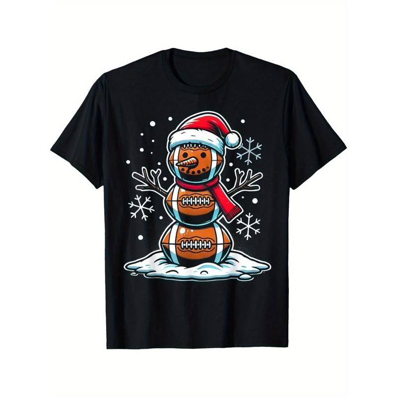 Christmas Football Snowman Holiday Sports Design T-Shirt, weight 220g. Men's high quality cotton T-shirt, comfortable, versatile, soft and breathable, short-sleeved top made in usa