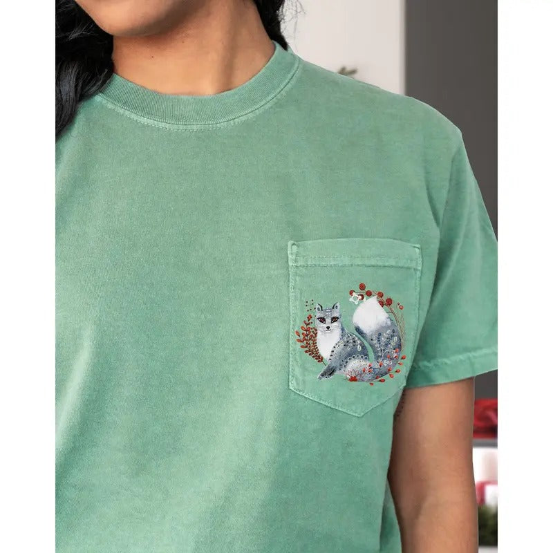 Christmas Fox, Pocket, Folk Art, Santa, Winter, Snow, Xmas, Flowers, Floral Pocket Tee, Women's Comfort Color Tee, Tshirt