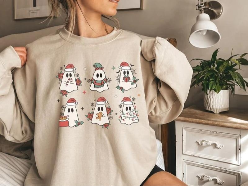 Christmas Ghost Sweatshirt, Ghost Christmas Shirt, Retro Ghost Shirt, Retro Christmas Sweater, Cute Ghost Christmas Gift, Ghost Santa Christmas Sweatshirt