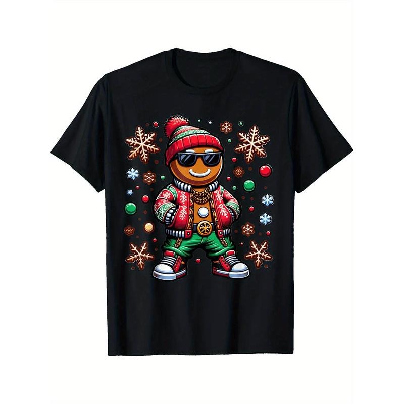 Christmas Gingerbread Man Men's Print High Quality Cotton Classic Fit Words Novelty Vintage Pattern T-Shirt Summer Funny Pattern Tee Retro Chill Breathable T-Shirt, Made In USA