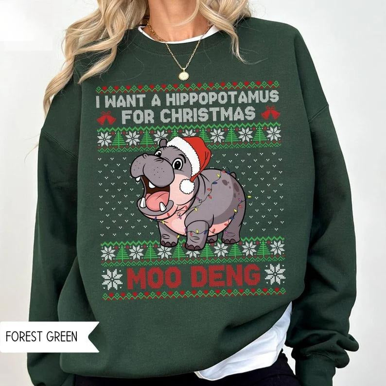 Christmas Moo Deng Sweatshirt, I Want A Hippopotamus For Christmas Sweatshirt, Hippo Ugly Christmas Shirt, I Love Moo Deng Shirt, Hippo Lover Tee, Hippopotamus Christmas Sweatshirt