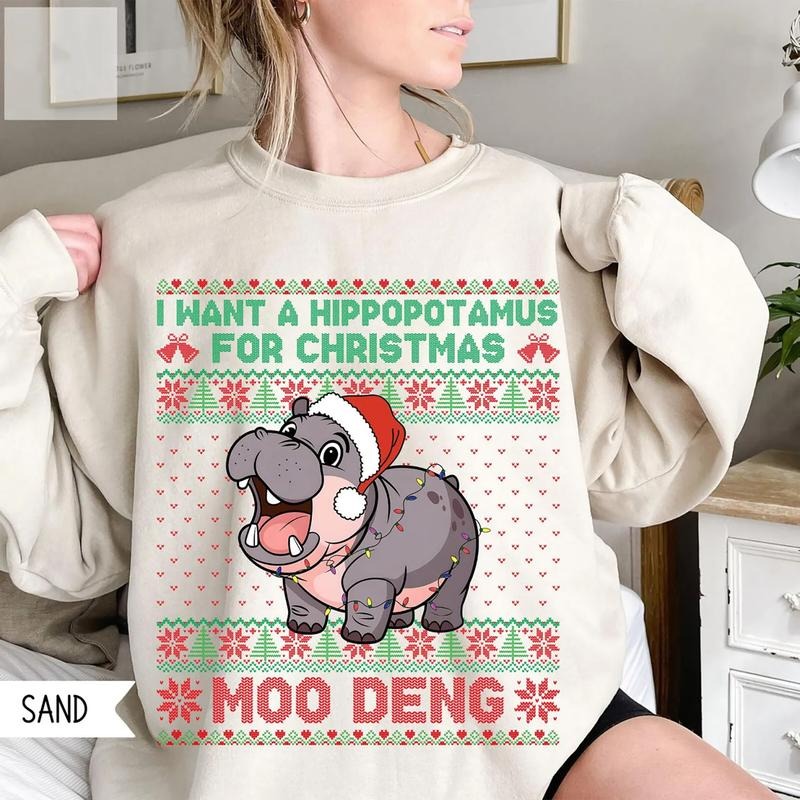 Christmas Moo Deng Sweatshirt, I Want A Hippopotamus For Christmas T-Shirt, Hippo Ugly Christmas Sweater, Moo Deng Xmas Holiday Shirt, Gift For Christmas