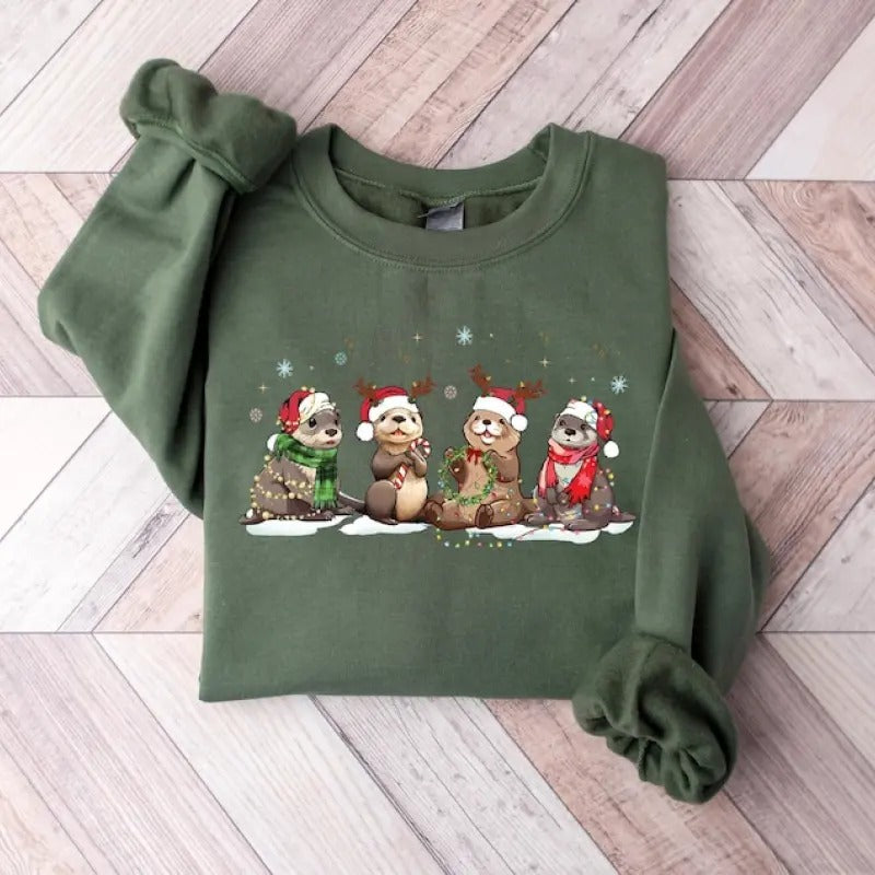 Christmas Otters Sweatshirt, Christmas Shirt, Otter Lover Shirt, Christmas Animal Sweatshirt, Sea Animal Shirt, Christmas Lights sweatshirt