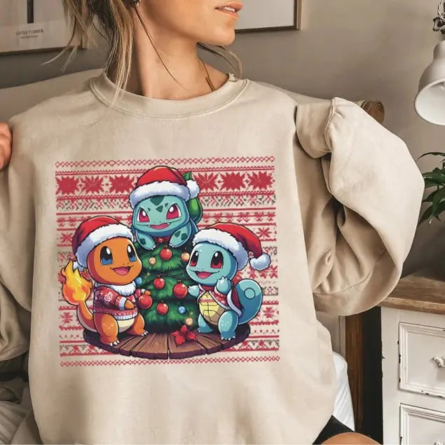 Christmas PKM Sweatshirt, Christmas Shirts for Anime Lovers, Bulbasaur, Charizard, Turtle