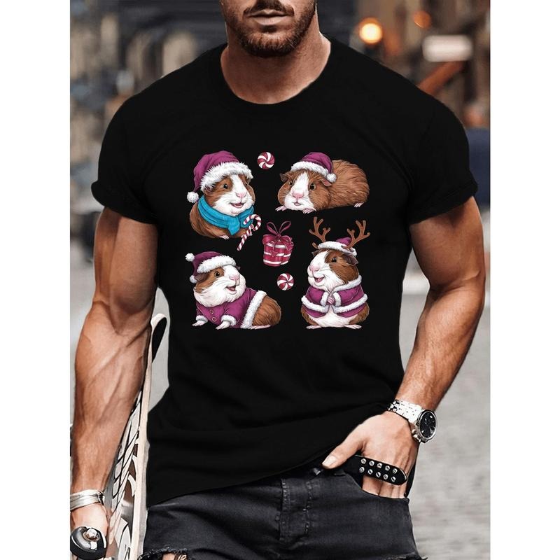 Christmas Print, Men's Creative Graphic Design T-shirt With Crew Neck, Comfy Tees For Summer, Men's Clothing Tops For Gym Workout made in usa