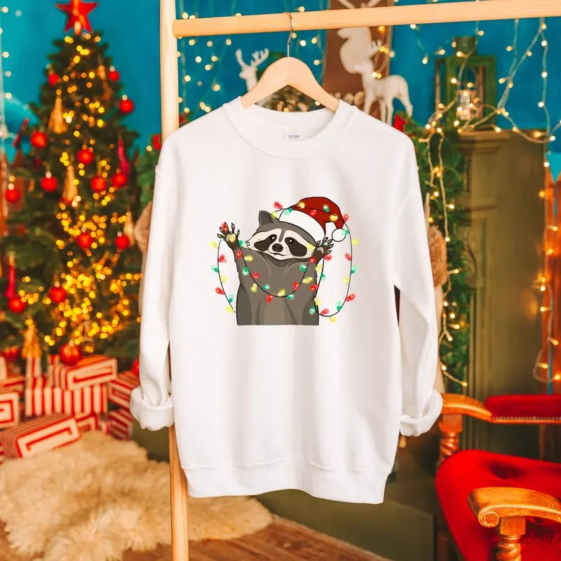 Christmas Racoon Lights Shirt, Christmas Cute Animal T-Shirt, Christmas Racoon Tee, Racoon Lighting Shirt, Funny Holiday Shirt, Xmas Tee