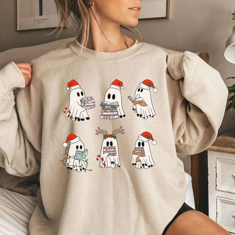 Christmas Retro Ghosts Reading Books T-Shirts Sweatshirts, Teacher Librarian Christmas Gift Winter Season Trendy Christmas Book Lover Sweatshirts