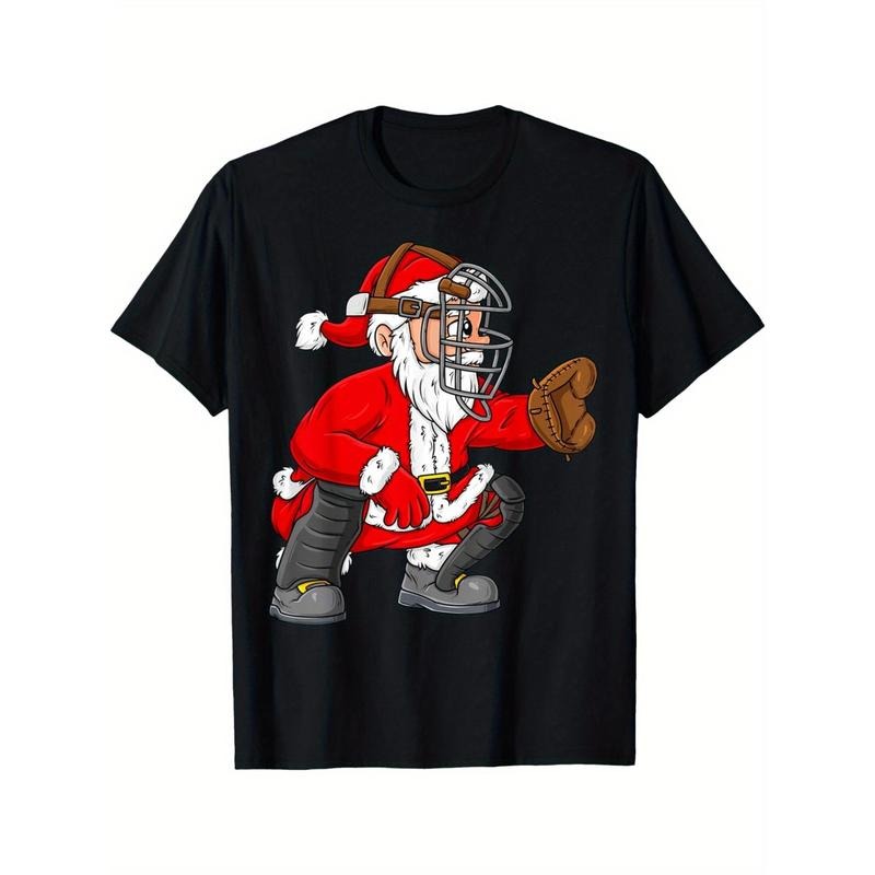 Christmas Santa Claus Baseball Catcher Xmas T-Shirt- Tee Cotton - Men's Funny T-Shirt Dad, Perfect Gift made in usa