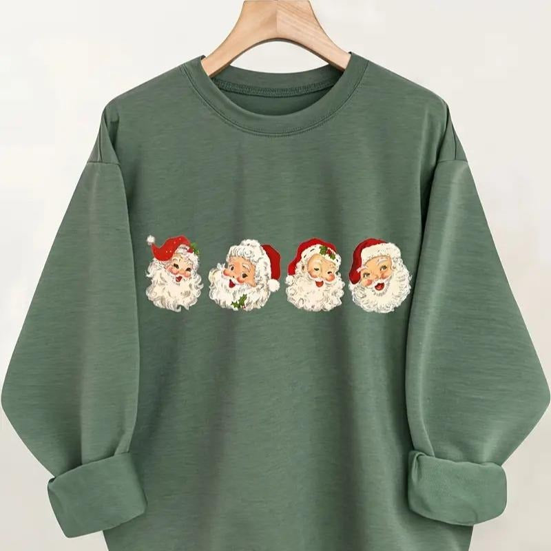 Christmas Santa Claus Print Pullover Sweatshirt, Casual Long Sleeve Crew Neck Sweatshirt For Fall & Winter, Women's Clothing Cotton Crewneck