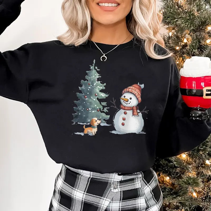 Christmas Snowman & Dog Sweatshirt, Cute Snowman Sweatshirt, Christmas Tree Sweatshirt, Dog Lover Christmas Gift, Women's Christmas Gift