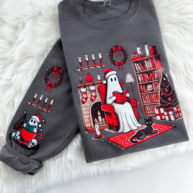 Christmas Spirit Holiday Ghost Reading Sweatshirt or Hoodie with sleeve print Comfy Sublimation Tops Menswear Unisex Oversized Pullover