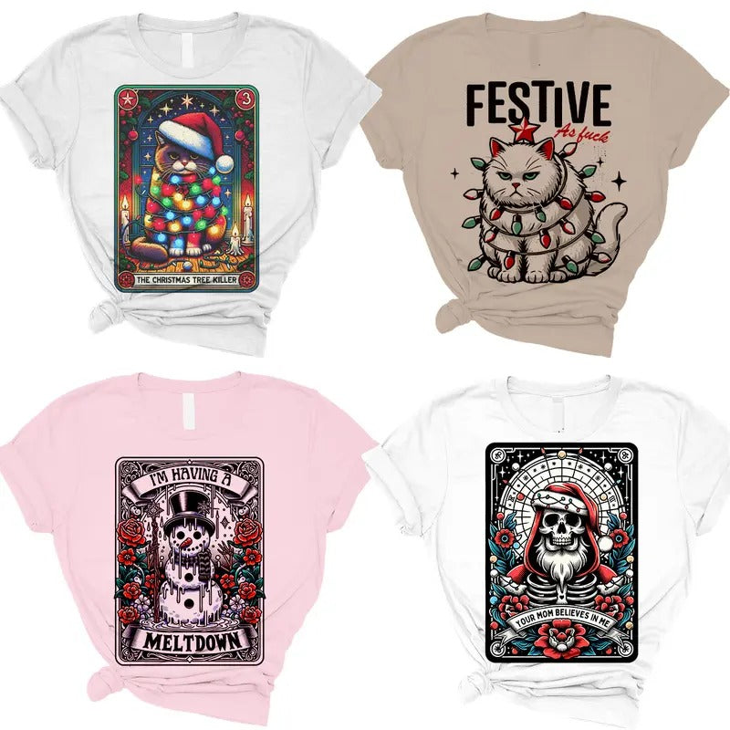 Christmas Tarot Card T-Shirts - Print is Sublimation, Unisex T-Shirt, Funny Tee, Funny Apparel, Gift Idea, Relaxed Fit, Casual Apparel, Cute Top, Great with Jeans, All Seasons, Fun Style, Comfortable Shirt Womenswear Graphic