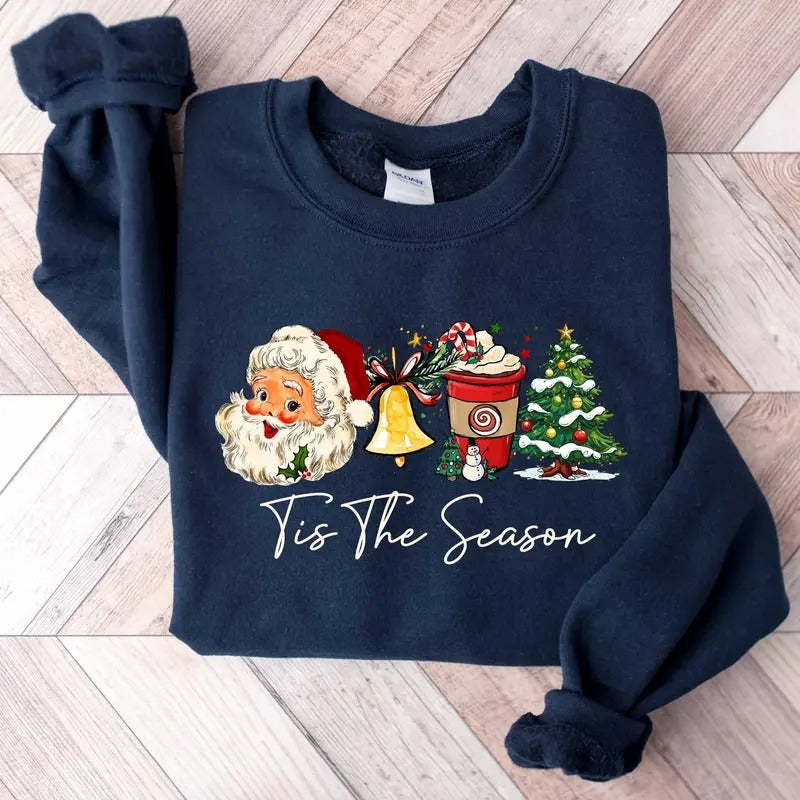 Christmas Tis The Season Sweatshirt, Merry Christmas Sweatshirt, Cute Winter Shirt Casual Classic Collar Cotton Fabric Knit retro ti