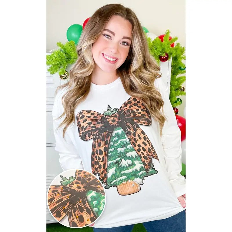 Christmas Tree Cheetah Bow Rhinestone Graphic Long Sleeve T-Shirt
