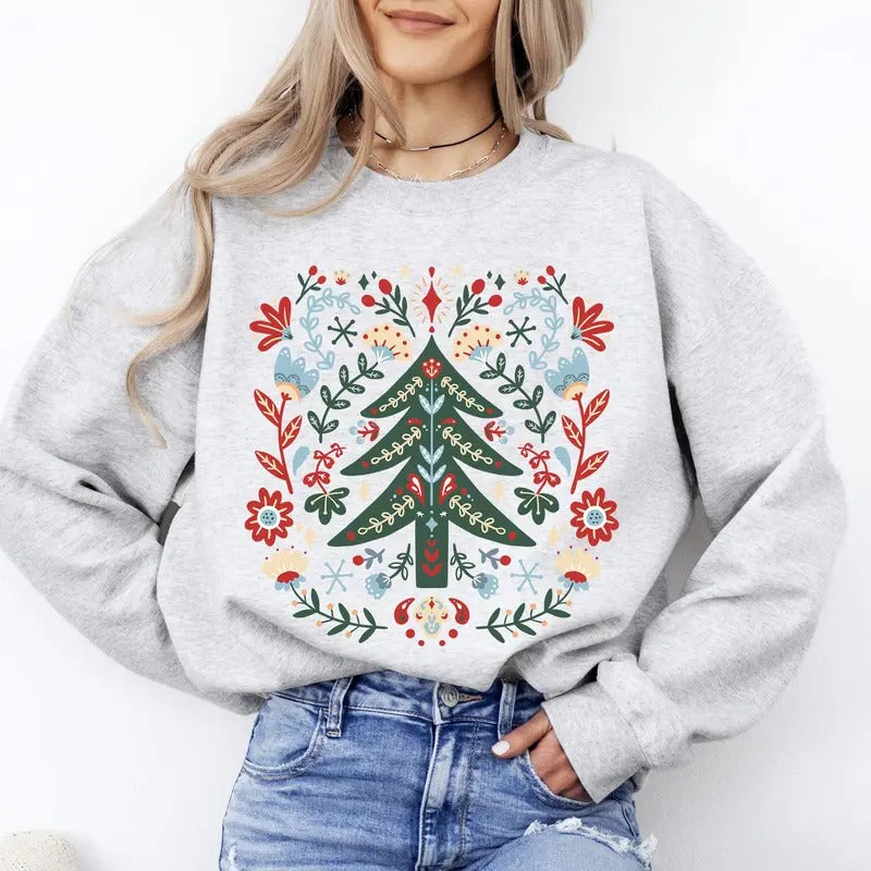 Christmas Tree Folk Art, Scandinavian, Classic, Santa, Floral Sweatshirt, Crew Neck, Women's, Crewneck