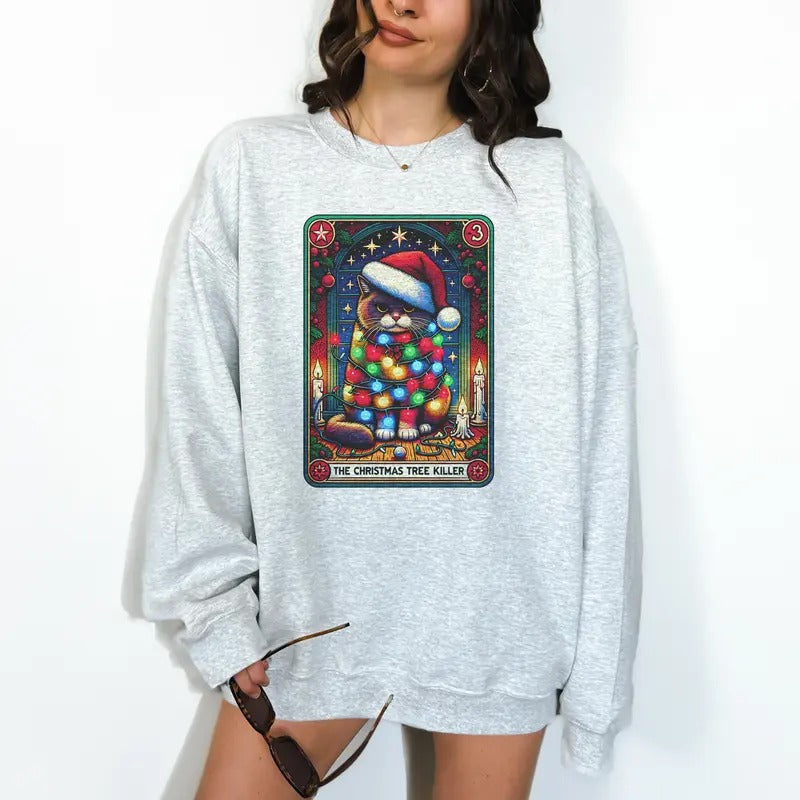 Christmas Tree Killer Crewneck Sweatshirt- Print is Sublimation, Funny Tee, Gift Idea, Relaxed Fit, Casual Apparel, Great with Jeans, All Seasons