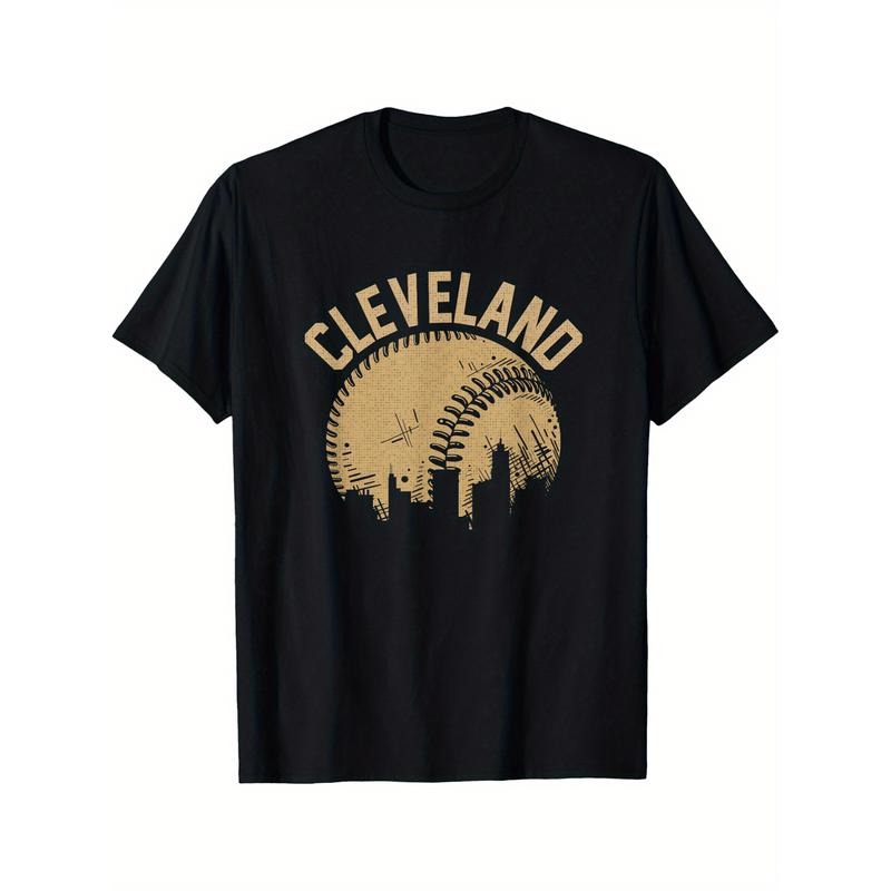 Cleveland Baseball Skyline Graphic T-Shirt, 100% Cotton Crew Neck Tee, Geometric-Patterned, Short Sleeve, Regular Fit, All-Season Casual Wear for Men, Soft & Breathable, Ideal for Sports & Daily Use, Great for Gifting Made in USA