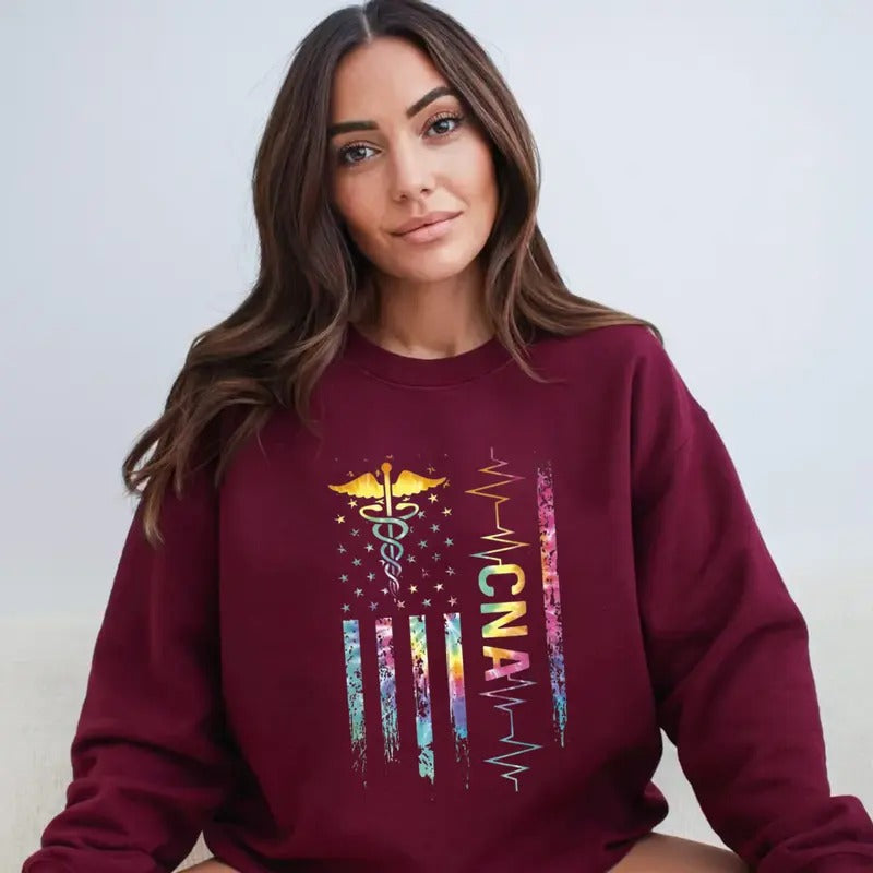 Cna American Flag T Shirt, Tie Dye Certified Nursing Assistant Sweatshirt, Cna T Shirt, Nurse Gift, Cute Cna Tee, Unisex Crewneck Pullover Tee, Crewneck Top