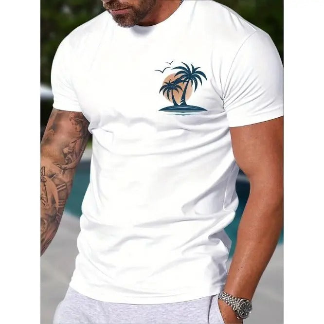 Coconut Tree Graphic Print T-Shirt - Relaxed Fit Mens Casual Tee with Slightly Elastic Fabric and Classic Round Neck - Perfect for Summer and Autumn Seasons Made in USA