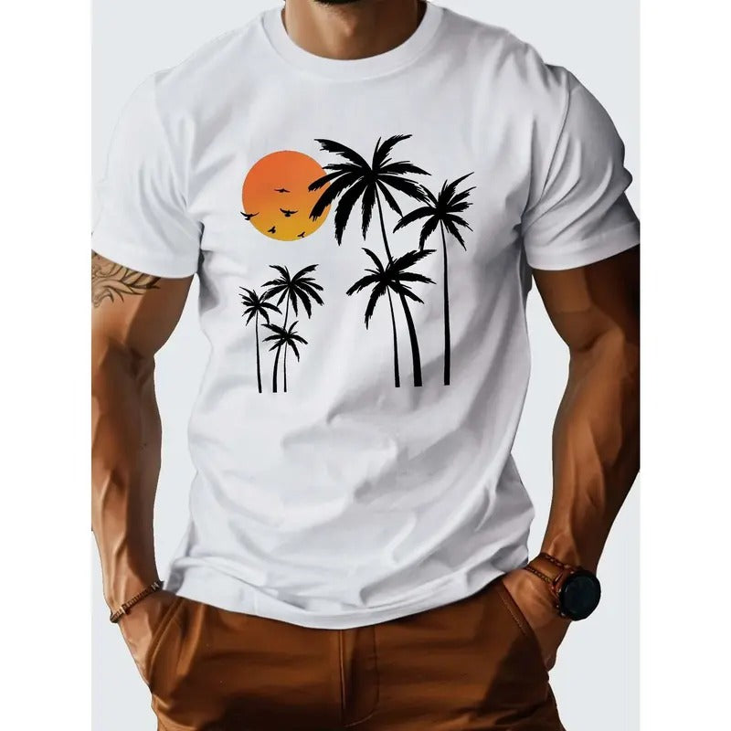 Coconut Trees At Dusk Pure Cotton Men's Tshirt Comfort Fit Made in USA
