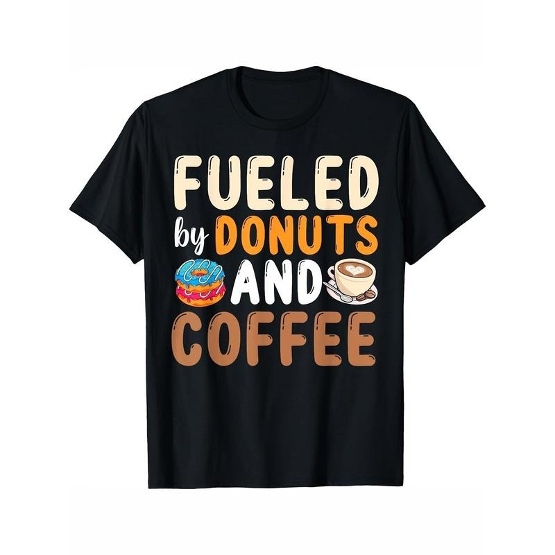 Coffee & Doughnuts Lover's Dream: Black Cotton T-Shirt - Perfect Gift for Men, Dad, Friends | Casual Round Neck Tee with Glazed Donut Print | Sizes S-XXXL made in usa