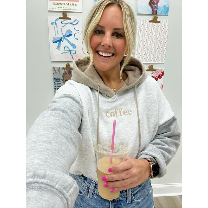 'Coffee' Colorblock Hoodie for Women - Embroidered Design