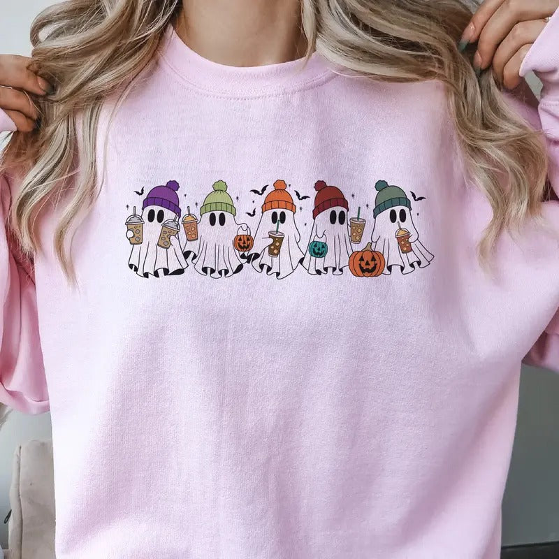 Coffee and Ghost Halloween Sweatshirt Cute Ghost Orange Beanie Pullover Coffee Bats and Ghost Halloween Sweatshirt Beanie Ghost Hoodie