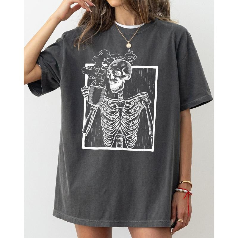 Coffee, Skeleton, Witch, Ghost, Skull, Spooky, Aesthetic, Meme, Halloween, Costume, Tshirt, Women's Comfort Color Tee, Tshirt