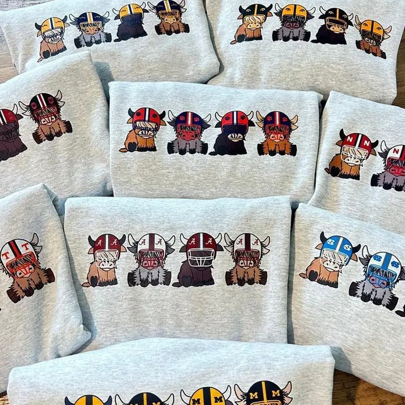 College Football Highland Cow Soft Sweatshirt - Unisex Classic Casual Off-White Cotton Hoodie with Team Customization Available Breathable Polyester Spandex Blend