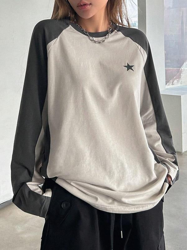 Color Block Crew Neck Star Graphic Raglan Shirt Loose Long Sleeve Tee Top